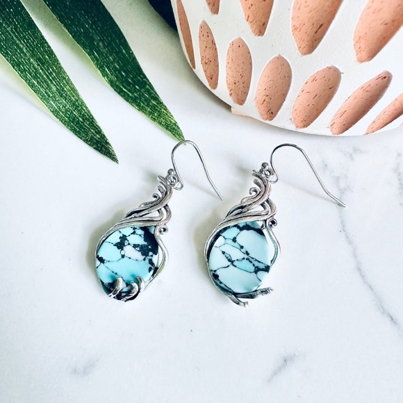 Blue & Black Stone Wire Wrapped Earrings Teardrop Bohemian Western Jewelry NEW - Picture 9 of 14